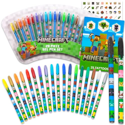 Minecraft Conjunto de canetas de gel – Pacote com 20 canetas de gel para desenhar, desenhar, colorir, minipôsteres artísticos para decoração de quarto e adesivos | Lembranças de festa Minecraft para