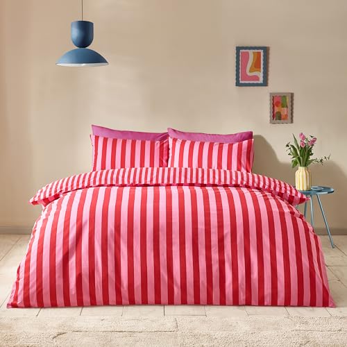 Sassy B Stripe Tease Wende-Bettwäsche-Set für Doppelbett mit Kissenbezügen, Rot