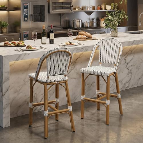 PURPLE LEAF Patio French Bar Height Stool Set of 2 Outdoor Backrest Barstools Aluminum Frame in Bamboo Finish Woven Rattan for Indoor Kitchen Garden Balcony Restaurant White
