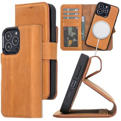 Bayelon Case for iPhone 13 Pro Max, Full Grain Leather Wallet Case, [2in1], Detachable Magnetic Flip Cover with Card Slots, Kickstand, MagSafe Compatible (Antique Camel)