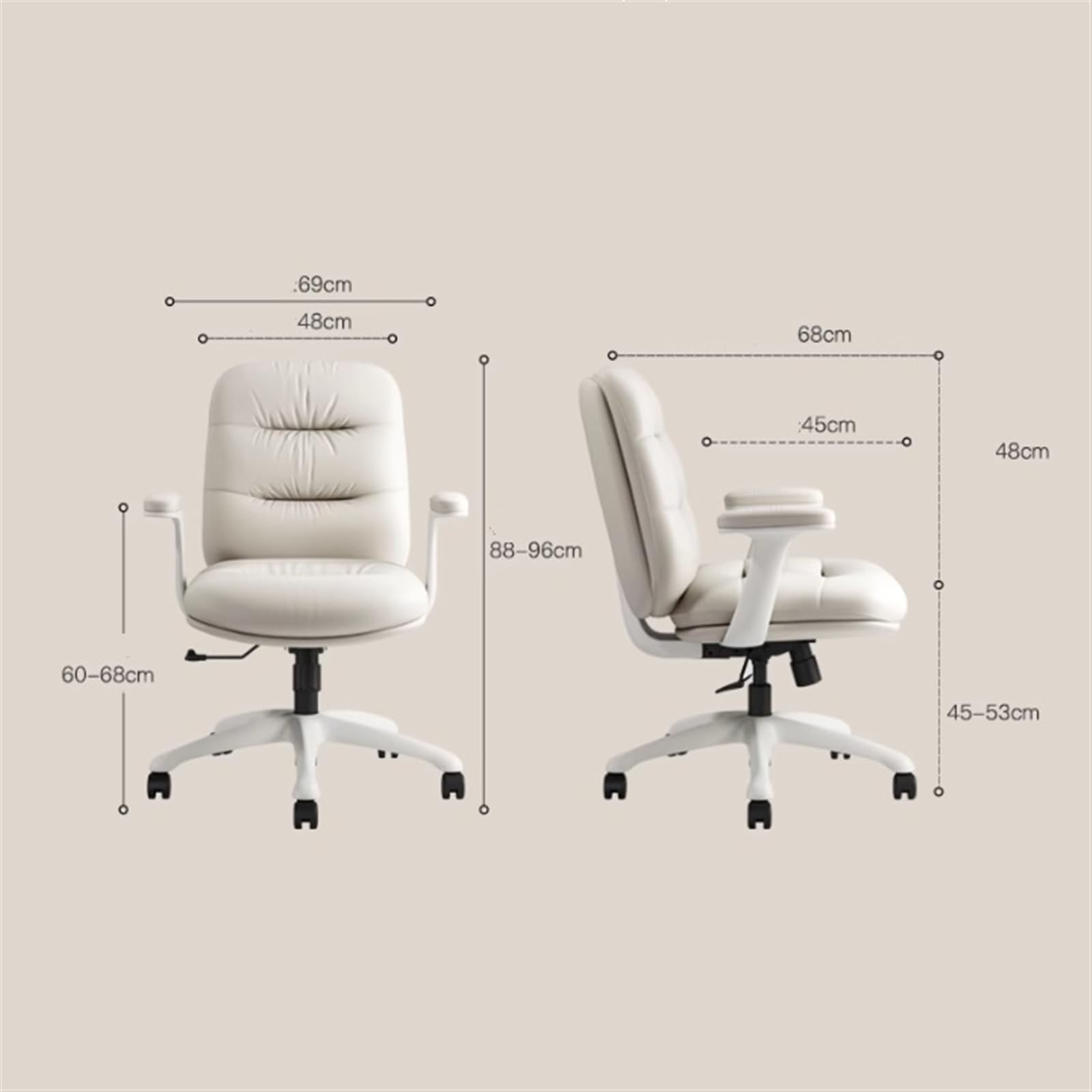 Ergonomiczne krzesło biurowe, ergonomiczne krzesło biurowe, ze średnim oparciem, krzesło do biura domowego z kółkami, obrotowe krzesło ze skóry PU dla oszczędności miejsca, beżowe C