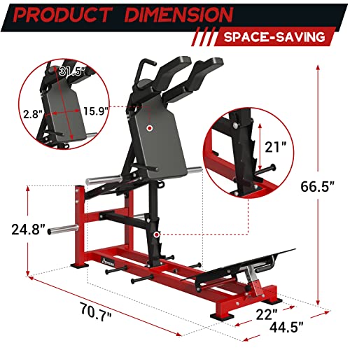 Syedee Hack Squat Machine With Band Pegs, V Squat Machine With Adjustable Footboard, Plate Loaded Lower Body Special Leg Machine Fit 2” Plate, 1000 Lbs Capacity Calf Raise Machine For Home Gym,Red #TOP2