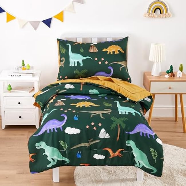 Wake In Cloud - Toddler Bedding Set for Boys, 4 Pieces Soft Crib Bed Set Including Comforter, Fitted Sheet, Flat Top Sheet and Pillowcase, Colorful Jurassic Dinosaur Volcano, Dark Green