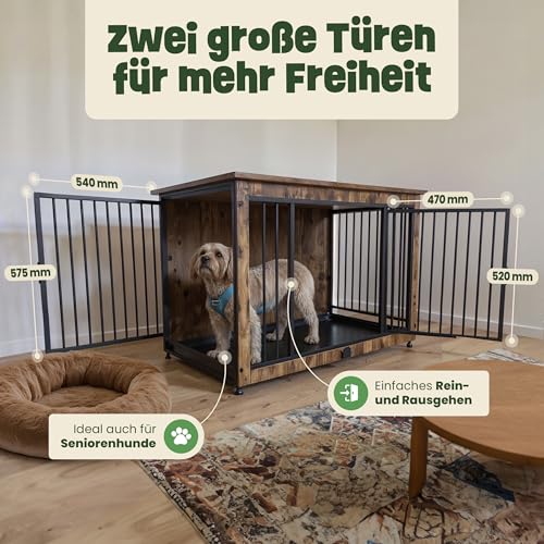 zooprinz Designer Hundebox 98 x 65 x 70 cm- Stilvolles Möbelstück - EIN eleganter Hundeschrank mit dekorativer Oberplatte im warmen Holz Look. Für Zuhause, drinnen/innen – Rückzugsort für Hunde