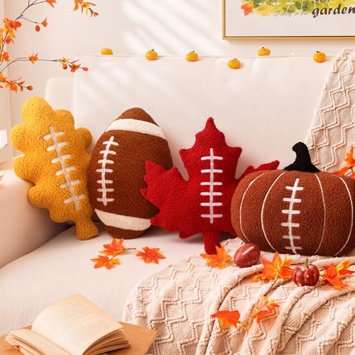 Image of HunnmingRe 4 Pcs Christmas Throw Pillows Fall Football Plush Pillows Winter Holiday Cushion Soft Decorative Cushions for Couch Bedroom Living Room Thanksgiving Xmas Decor (Earthy Color,Fall Football)