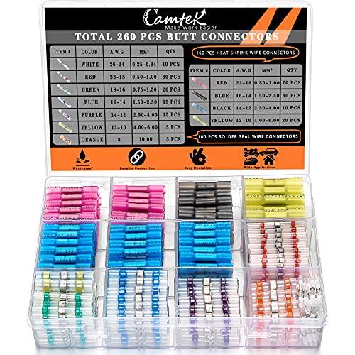 260PCS Heat Shrink Butt Connectors, Camtek 100PCS Solder Seal Wire Connectors & 160PCS Heat Shrink Butt Crimp Connectors Waterproof Electrical Terminals Assorted Wire Connectors Kit, 26-8 AWG