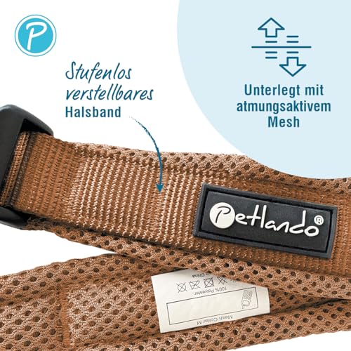 Petlando Hundehalsband atmungsaktiv aus weichem Mesh, stufenlos verstellbar, langlebig & robust, Farbe Cognac, Größe M (45-50 cm, Breite 4 cm), Halsband Hund gepolstert