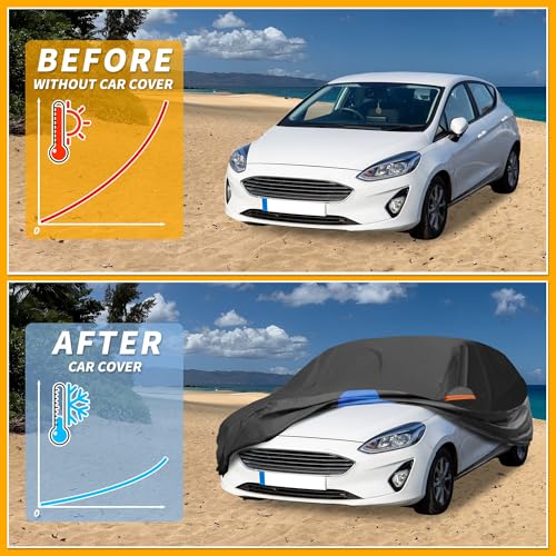 Image of All-Weather Waterproof Car Cover - UV-Resistant Outdoor Full Exterior Protection for Ford Fiesta Hatchback 210D-PU Black Blue with Right Side Zipper