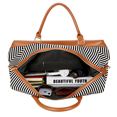 BAOSHA HB-14 Canvas Travel Tote Duffel Bag Carry on Weekender Overnight Bag Oversized for Women and Ladies (Black Strips)