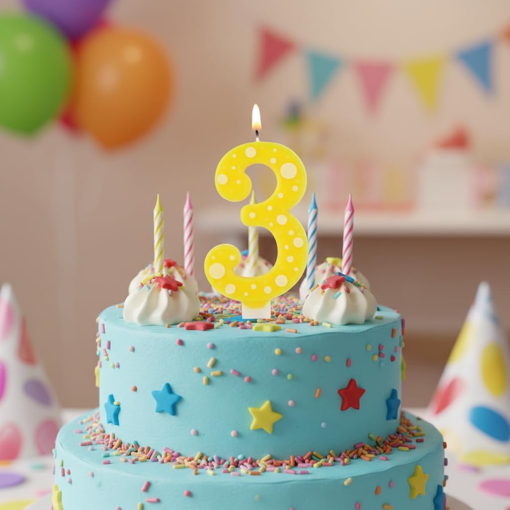 Candela Compleanno con Pois, Paraffina, 12,5 cm, Fiamma Stabile (giallo 3) - 4