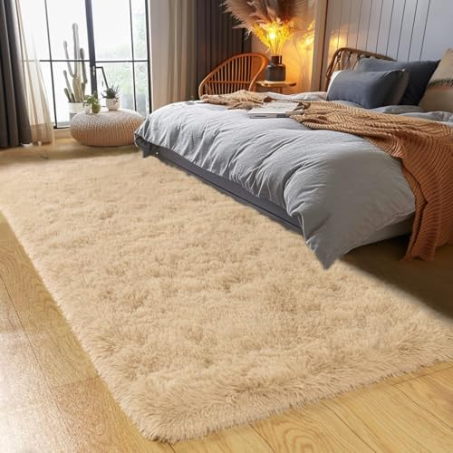 KING DARE 2x6 Runner Rug for Bedroom, Fluffy Shaggy Beige Rugs for Dorm, Fuzzy Shag Non-Slip Washable Soft Plush Carpet for Bedside Girls Boys Kids Room Decor