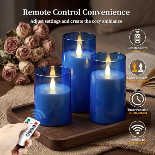 Image of Homemory Realistic Flickering Flameless Blue Candles with Remote & Timer | LED Fake Electric Pillar Candles Battery Operated for Home, Halloween, Christmas Decor, Set of 3