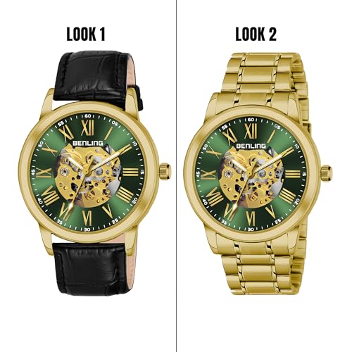 Image of Benling Men's Skeleton Automatic Analog Watch Combo | Open Gear Dial | Leather and Stainless Steel Chain Strap | Luxury Mechanical Movement | Casual & Formal Wear Stylish Wrist Watch for Men