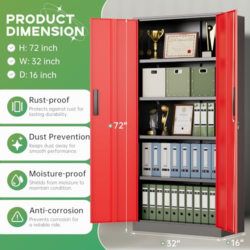 Image of INTERGREAT Metal Storage Cabinet,72 inch Steel Lockable File Cabinet with Locking Doors and Adjustable Shelves,Locking Tool Cabinets for Office,Home,Garage,Gym,School (Black Red)