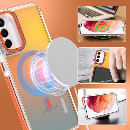 Image of Magnetic Case for Samsung Galaxy S21 Plus [Compatible with Magsafe] [Cute Fashion Fluorescent Design] [1 Screen Protector] Slim Translucent Matte Case for Galaxy S21 Plus 6.7 inch, Orange