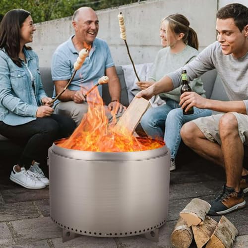 27 Inch Smokeless Fire Pit, Portable Stainless Steel Outdoor Fireplace - 360° Airflow Technology and Removable Ash Pan, Ideal for 6 or More People