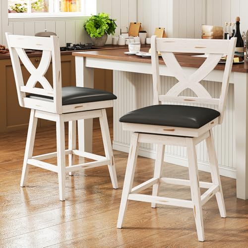 Image of Swivel Bar Stools Set of 2, Farmhouse 24 inch Counter Height Barstools with X Carved Backs, Wooden Bar Chair with Solid Wood Legs & Footrest for Kitchen Island, Home Bar, Pub. Antique White