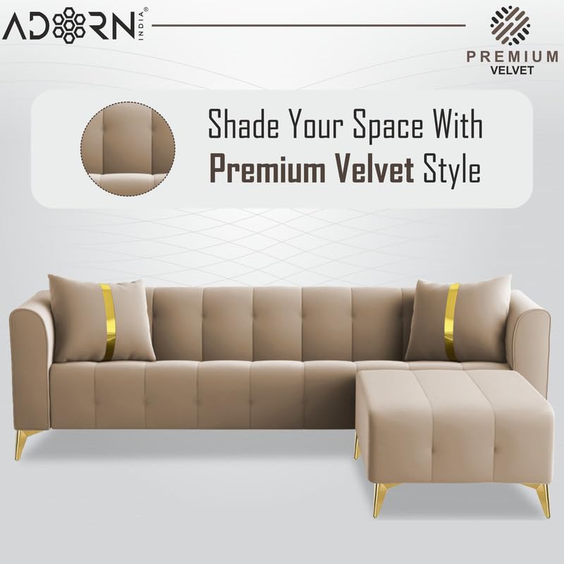 Image of Adorn India Premium Mystic - 3 Years Warranty - L Shape 5 Seater Sofa Set Velvet Suede Fabric - Beige