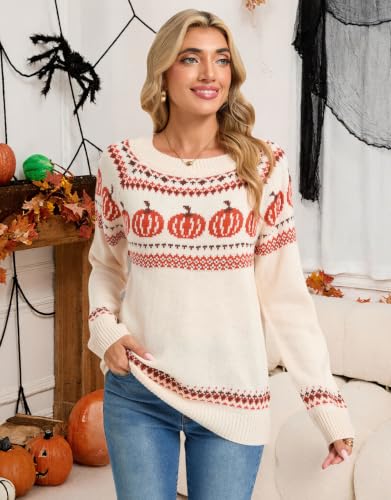 Image of Women's Fair Isle Sweater Crew Neck Long Sleeve Heart Sweater Vintage Tops