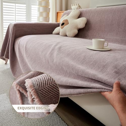 Couverture canapé chenille rose haut de gamme avec franges élégantes