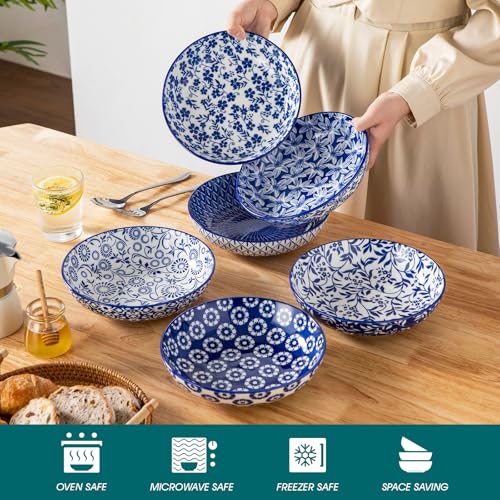 vancasso Selene 8.5" 40 oz Pasta Bowls Set of 6, Large Porcelain Salad Bowls, Kitchen Ceramic Serving Bowls Pasta Plates, Blue & White Floral Design, Microwave Dishwasher Safe - Image 5