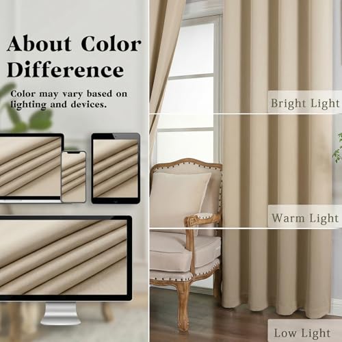Image of Simplebrand Biscotti Beige Extra Long 10ft Curtains for Patio 120 Inches Long 2 Panels, Room Darkening Light Blocking Solid Thermal Insulated Energy Saving Grommet Noise Reducing Curtains, 50 Wx120 L