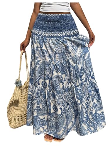 GORGLITTER Women's Boho Graphic Flowy Maxi Skirt High Waisted Tiered Ruffle Smocked A Line Beach Skirts
