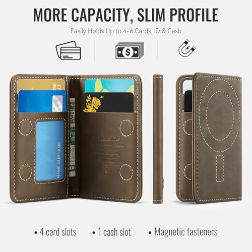 Image of Magnetic Wallet Card Holder with RFID Protection, PU Leather Slim Wallet, Strong Magnet Attachment for iPhone 18 /17 /16 /15 /14 /13 /12 Series Pro Max Plus Mini-Brown