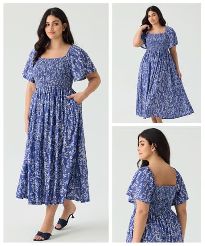 RITERA Plus Size Dresses for Curvy Women Square Neck Short Sleeve Summer Floral Smocked Maxi Dress with Pocket XL-5XL2