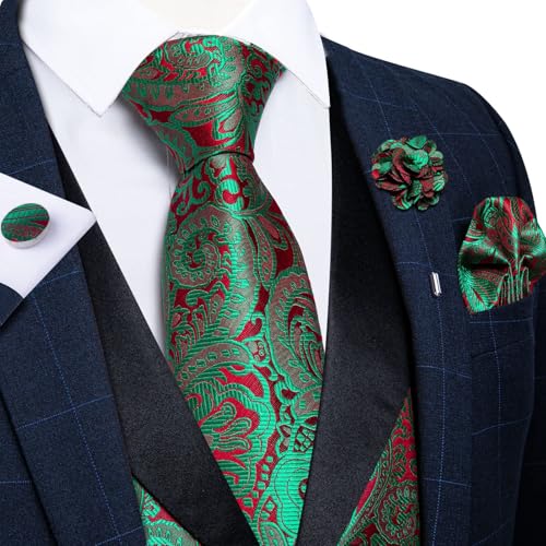 Image of DiBanGu Mens Paisley Suit Vest Silk Jacquard Waistcoat and Necktie Set Formal Shawl Collar Dress Vest 7PCS for Wedding Party