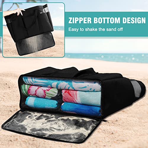 Large Beach Bag with Zipper, 12 Pockets Waterproof Sandproof Pool Bag Womens Mesh Beach Tote Bag for Travel Vacation2