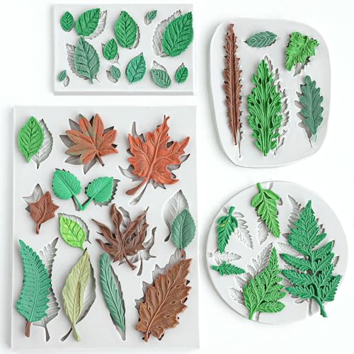 Image of HKNMTT Leaf Fondant Silicone Mold Small Maple Shapes, 34 Cavity Tree Fern Leaves Rose Flower for Cake Cupcake Topper Craft Decorating Sugar Candy Clay Plant Moulds DIY BPA Free