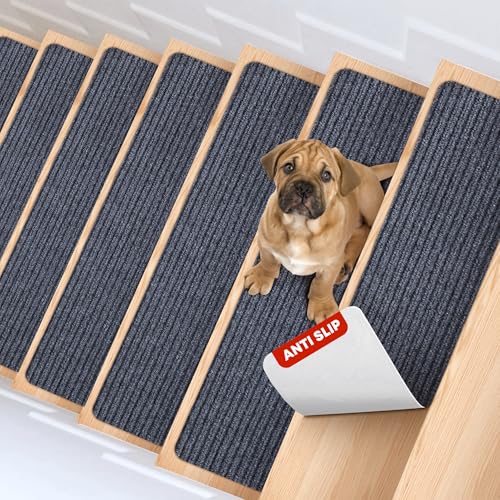 MBIGM 8' X 30' (15 in Pack) Non-Slip Carpet Stair Treads Non-Skid Safety Rug Slip Resistant Indoor Runner for Kids Elders & Pets with Reusable Adhesive - Gray - Carpet Pads for Stairs