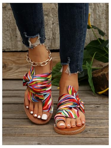 OYOANGLE Women's Colorful Bow Knot Toe Post Slide Sandals Comfortable Open Toe Sandals Summer Beach Shoes2