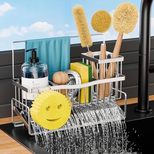 Adurei Organisateur Evier Cuisine Acier Inoxydable Rack Auto Drainant Porte Eponge Evier Cuisine avec Brosse Haute Rack éponge Crochet Porte Serviettes et...