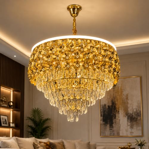 Image of TRIXY Flower Design Chandelier Lights For Ceiling Living Room | Hanging Golden Pendant Light 600MM Jhumar Lamp | K9 Crystals | 3 LED Color Changing (Warm White, Natural, Cool) | New Home & Decor Light