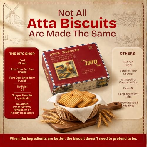 Image of The 1970 Shop 100% Atta Biscuit | Made in Desi Ghee | 0% Maida | No Preservatives | No Palm Oil | Authentic Indian Snack | Atta Biscuit For Healthy Tea Snacking | Premium Handmade Cookies | Eggless & Vegetarian | 400g Paper Box