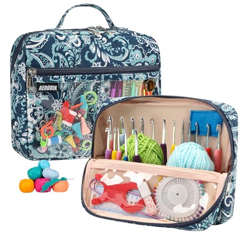 AEROBIX Blue Paisley Crochet Hook Case Empty, Organizer with Clear Zipper Pocket, Utility Crochet Hook Holder for Knitting Needles, Crochet Supplies Storage, Gifts for Crocheters (Crochet Case Only)