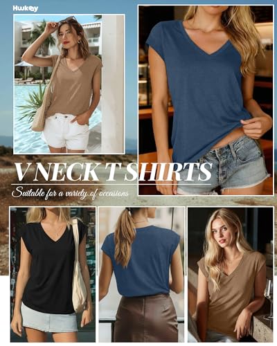 Image of Huukeay 3 Pack Women's V Neck Cap Sleeve T Shirts | Short Sleeve Basic Tees, Loose Fit Soft Tops for Women, Casual Lightweight Shirts, Everyday Summer Clothes