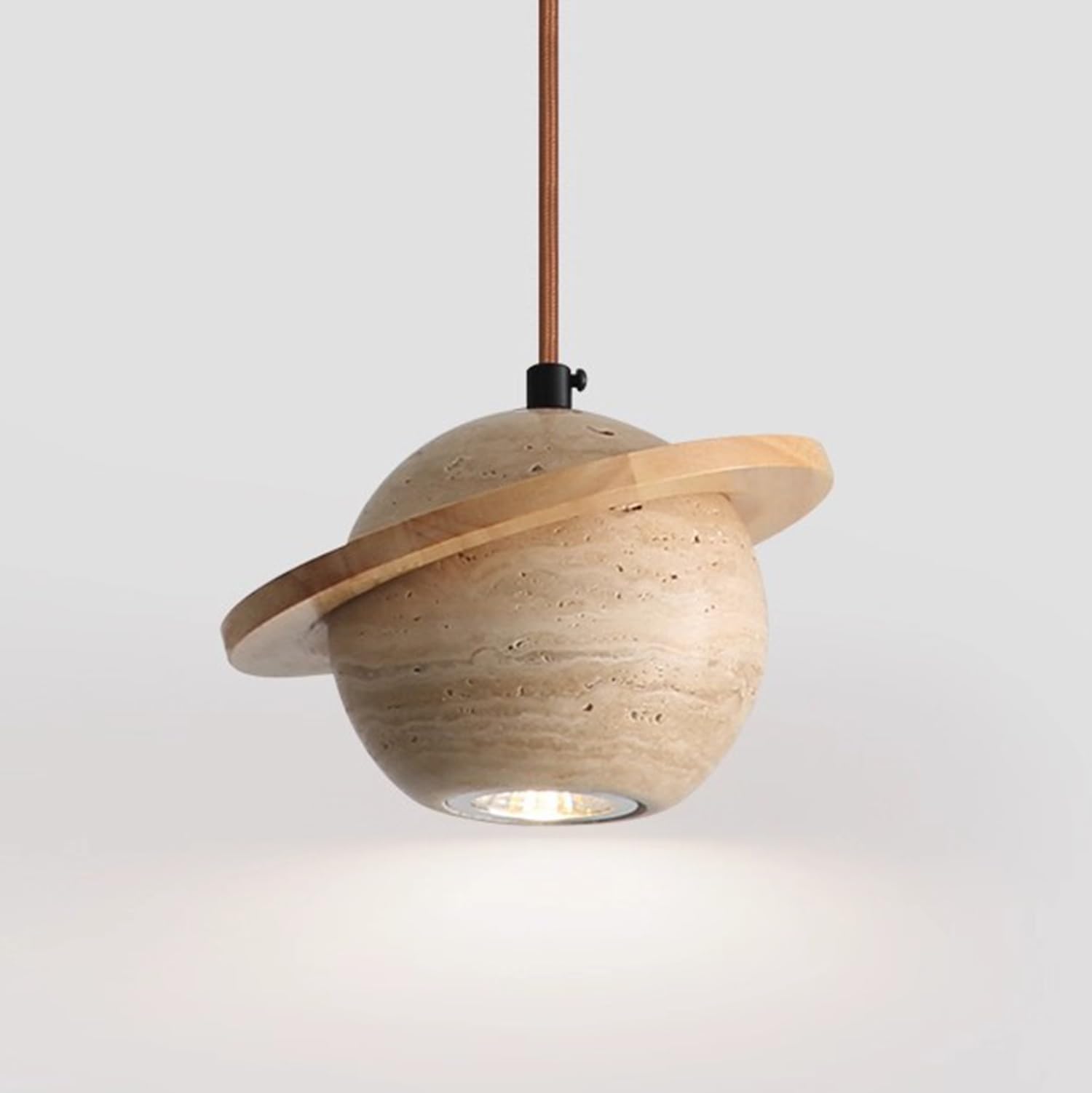 MTNROO Spherical Shape Travertine Hanging Lights 7.8in Pendant Light Fixture Wood Art Decoration Natural Porous Travertine Stone G9 Socket Wabi-sabi Style Vintage for Home Living Room Restaurants