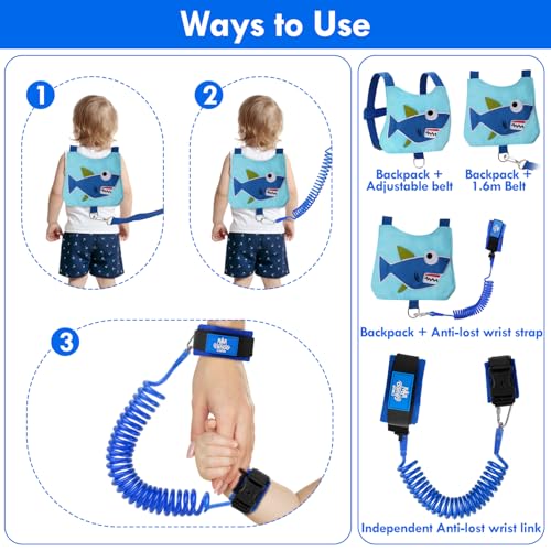 Lehoo Castle Baby Leashes for Toddlers, Toddler Leash for Boys, 4-in-1 Toddler Safety Harness Leash + Anti Lost Wrist Link, Kid Leashes for Walking(Shark Blue)