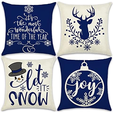 ARTHMOM Christmas Pillow Covers 18x18 Set of 4，Blue White Farmhouse Xmas Christmas Throw Pillow Cases with Christmas Tree Reindeer for Outdoor Couch Sofa Bed Winter Holiday Decorations Gift Cover