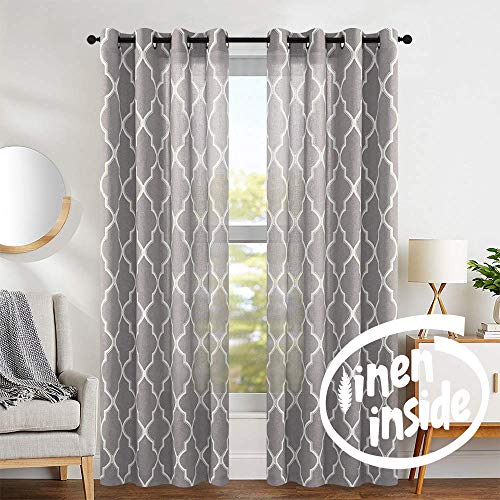 jinchan Moroccan Tile Design Linen Curtain Textured Lattice Grommet Top Window Panels Drapes