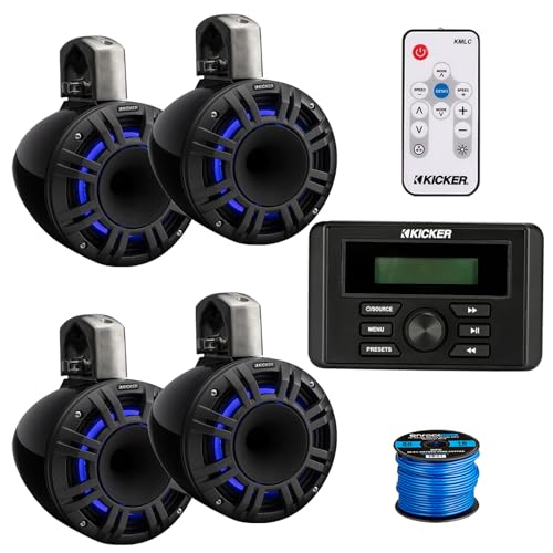 Kicker 46KMC3 All-Weather Marine Gauge Style USB Bluetooth AM/FM Media Center Receiver, 4X 6.5 300 Watt Peak Multicolor LED Marine HLCD Tower Speakers (Black) with LED Remote, 16 Gauge 50 feet Wire