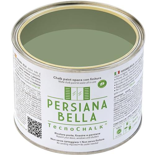 TecnoChalk® Persiana Bella Nuova Chalk Paint Extra Forte - Non Richiede Finitura – Ricolora Senza Carteggiare Persiane, Finestre, Porte e Infissi - Interno/Esterno - Verde Salvia RAL 6021 (500 ml)