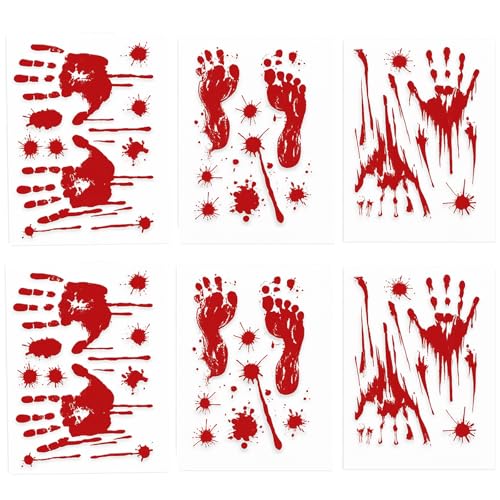6 Pieces Bloody Handprint Window Clings Horror PVC Stickers with Blood Splatter Handprints and Footprints for Scary Halloween Party Decorations Haunted House and Spooky Indoor Outdoor Dcor