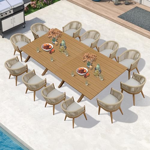 Image of PURPLE LEAF 13 Pieces Oversized Outdoor Dining Set with Patio Aluminium Dining Table and Wicker Chairs Modern Furniture Cushions Sets for Backyard Indoor Decor Kitchen Teak