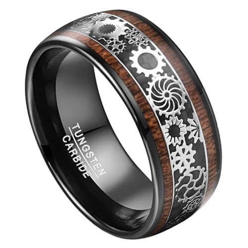 Image of 10mm Silver /Black Tungsten Rings for Men Steampunk Gear Inlay Size 7-14 | Koa Wood, Black Carbon Fiber, Dome Band Ring, for Wedding, Anniversary, Everyday Wear, Comfort Fit