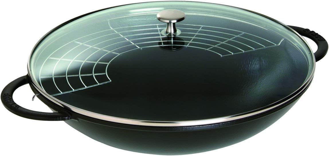 Staub Wok +Glass Lid 37cm Black. cast iron. Black matt enamel interior. Healthy Low Fat Cooking. Suitable for all hob types, incl. induction. Oversafe 260° C, Grillsafe. Made in France.