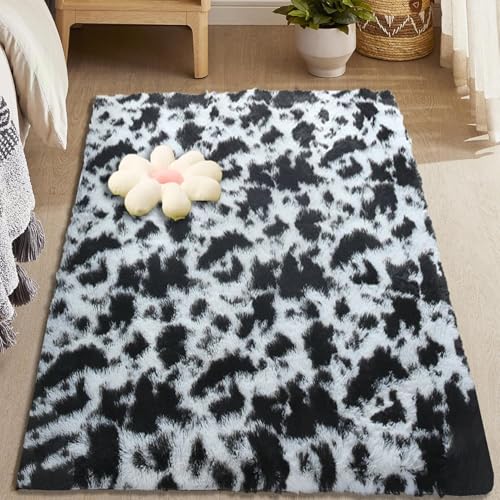 CUIMEI Teppich Wohnzimmer Flauschig 350 x 450 cm, Flauschiger Große Größe, rutschfest Langlebig, Faltbar, Zotteligeweicher, Wohnzimmerteppich Waschbar Teppich, Schwarz und weiß